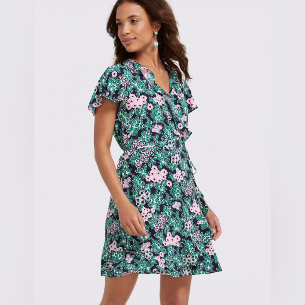DRAPER JAMES Tropical Floral Print Wrap Dress Navy Pink Green Ruffle